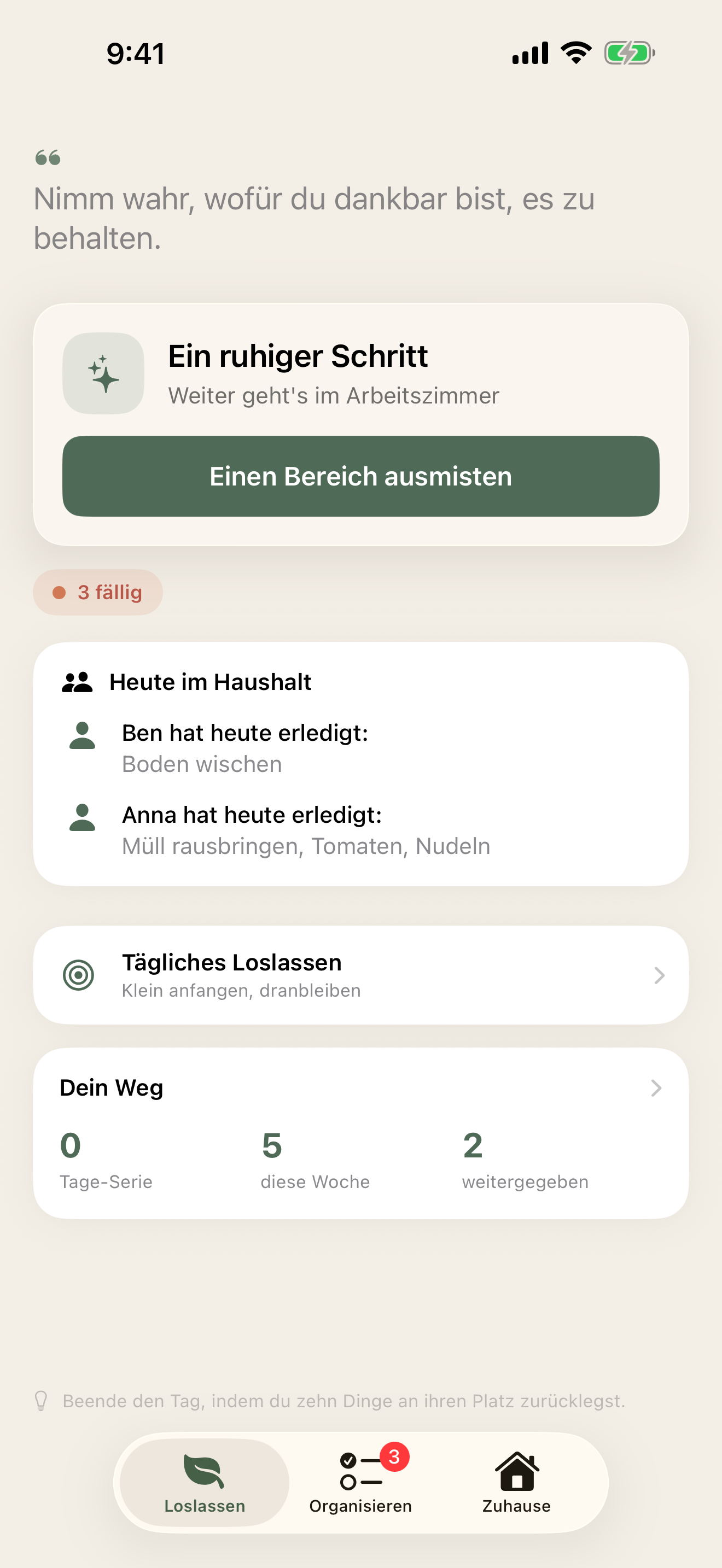 Loslassen-Tab mit ruhigem Impuls und einem Fokus-Schritt für heute