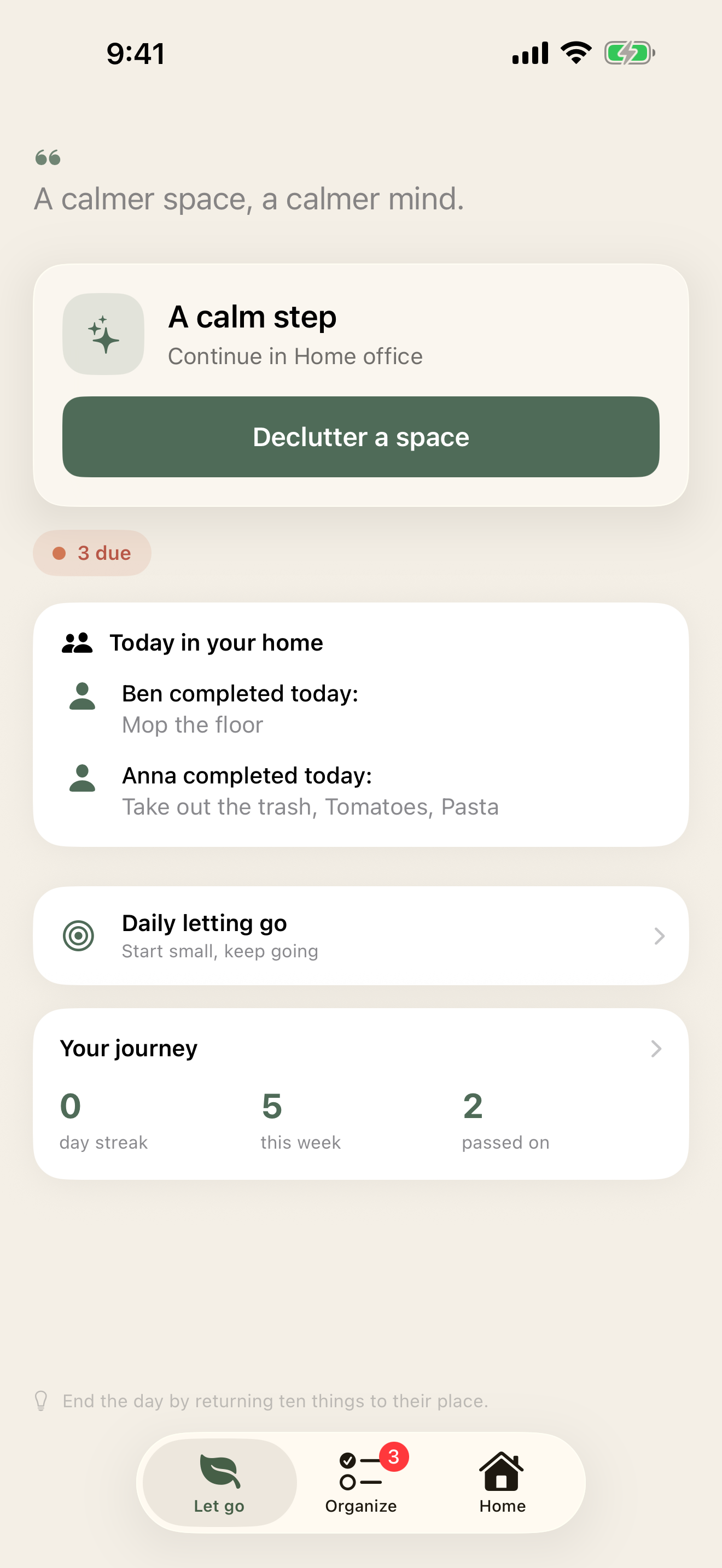 Let-go tab with a calm prompt and one focus step for today