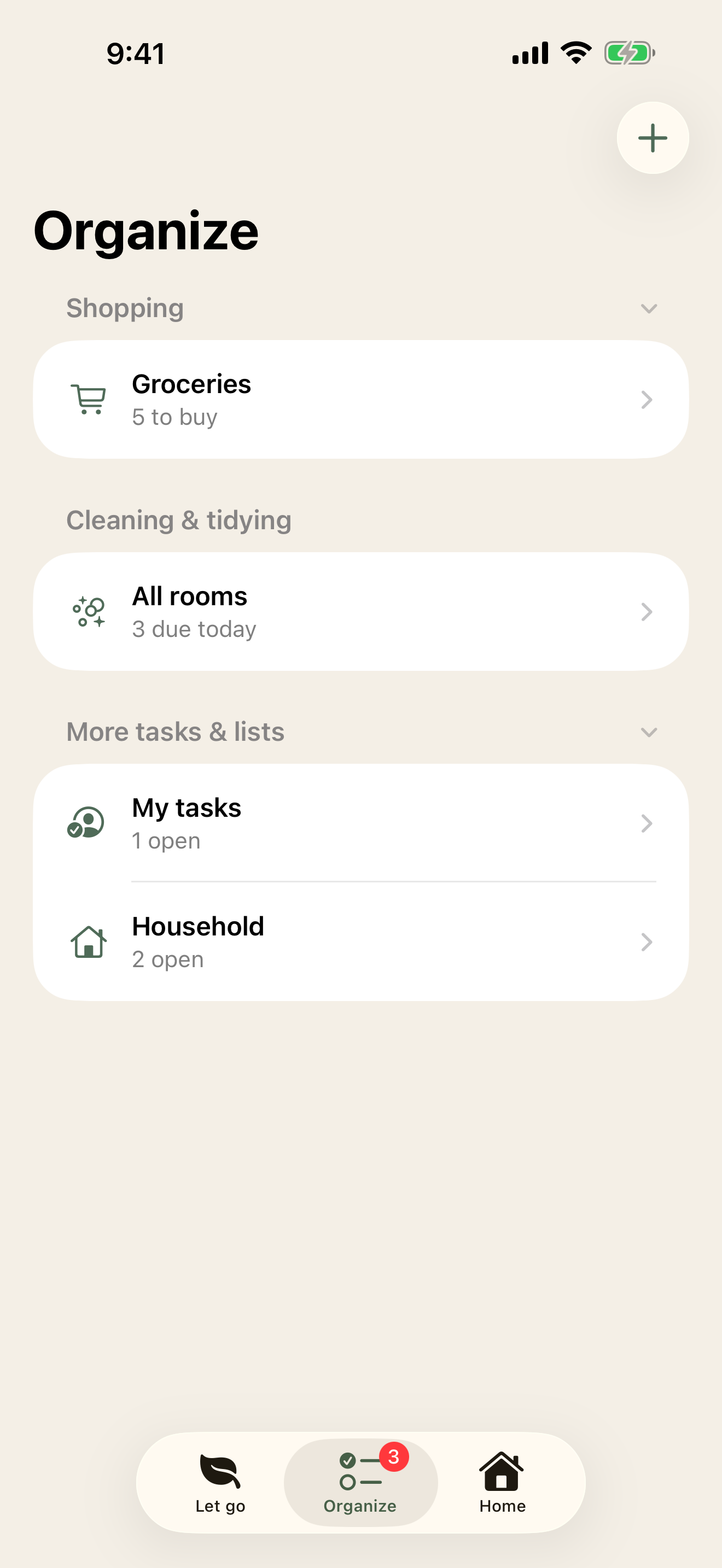 Organize tab with shopping, cleaning and tasks in one place
