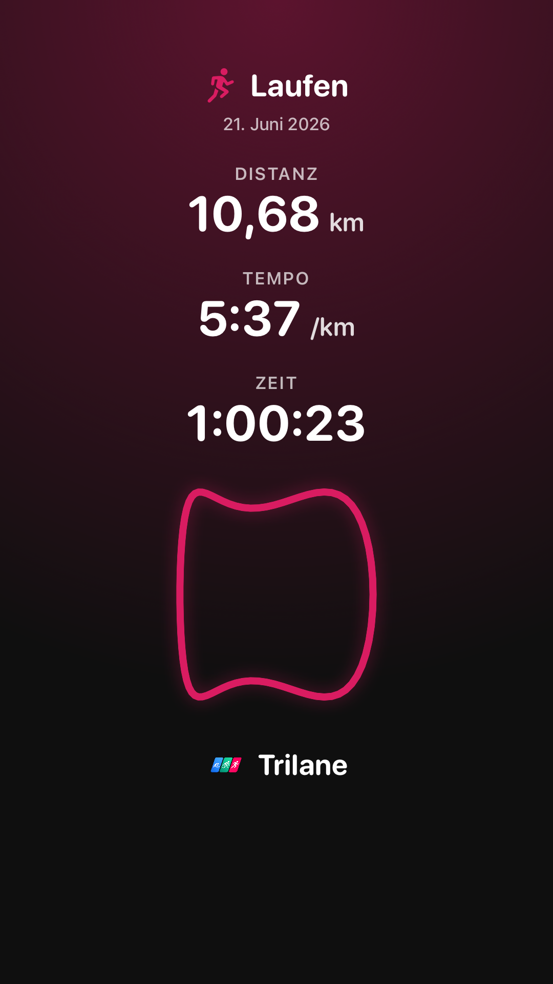 Shared workout as a story image with distance, pace, time and route outline