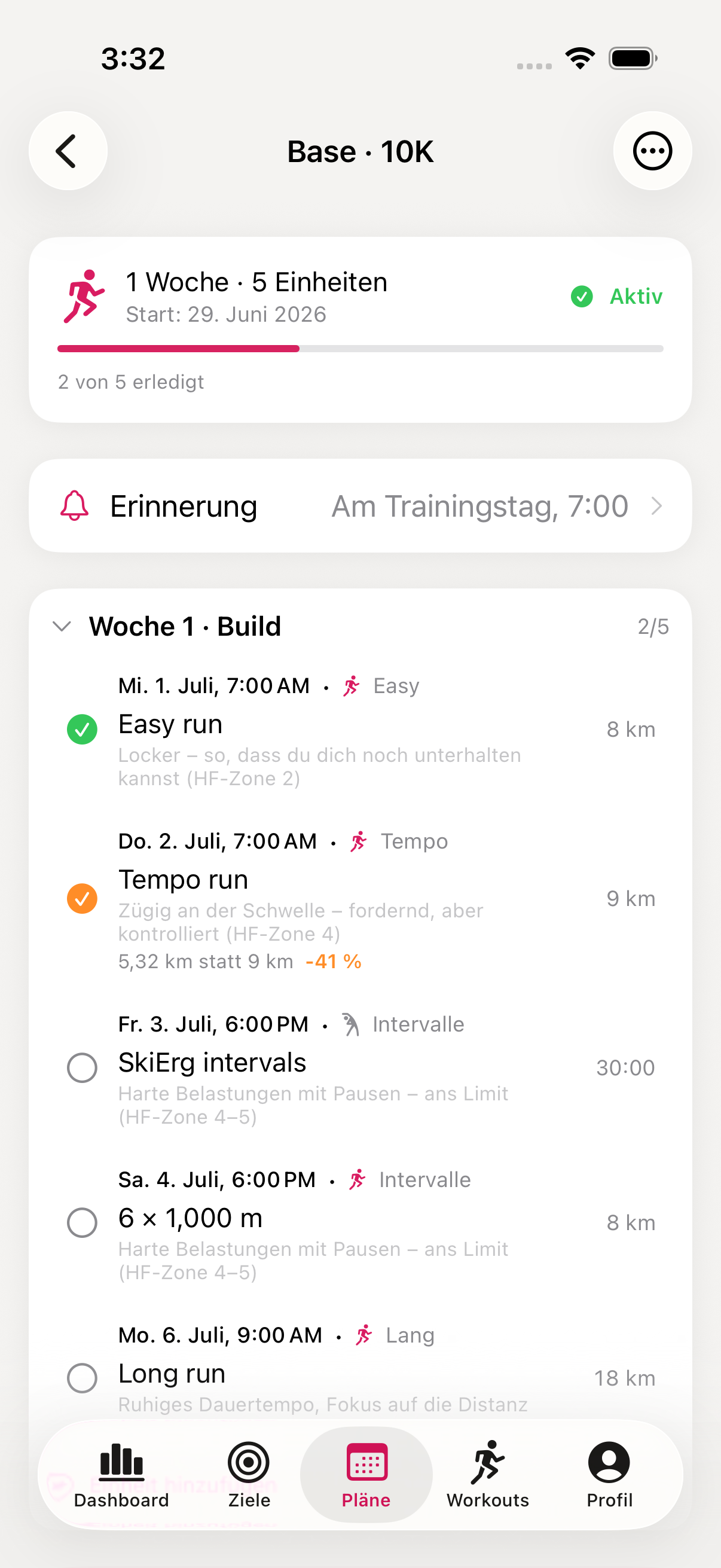 Trainingsplan-Ansicht mit Wocheneinteilung